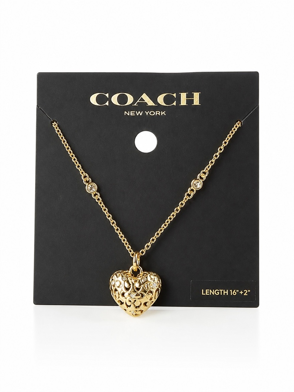 Coach Gold Tone Filigree Heart Pendant Necklace Crystal Accents 16” + 2”